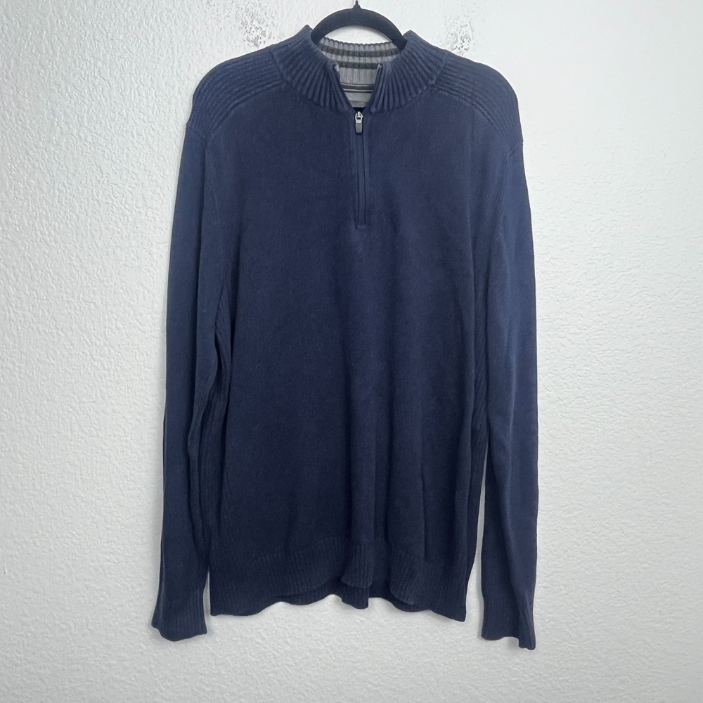 Eddie Bauer Sweater Mens TXL Navy Blue Cotton Tight Knit Ribbed Quarter Zip